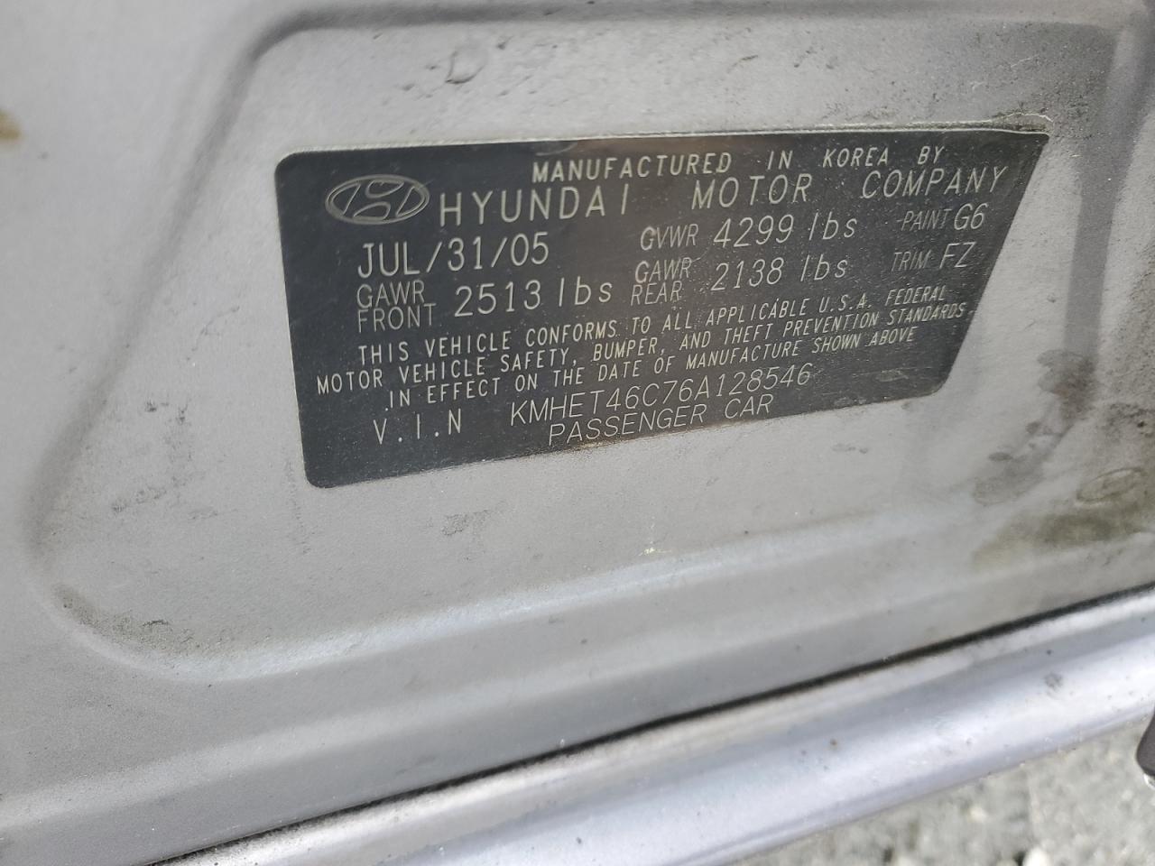 KMHET46C76A128546 2006 Hyundai Sonata Gl