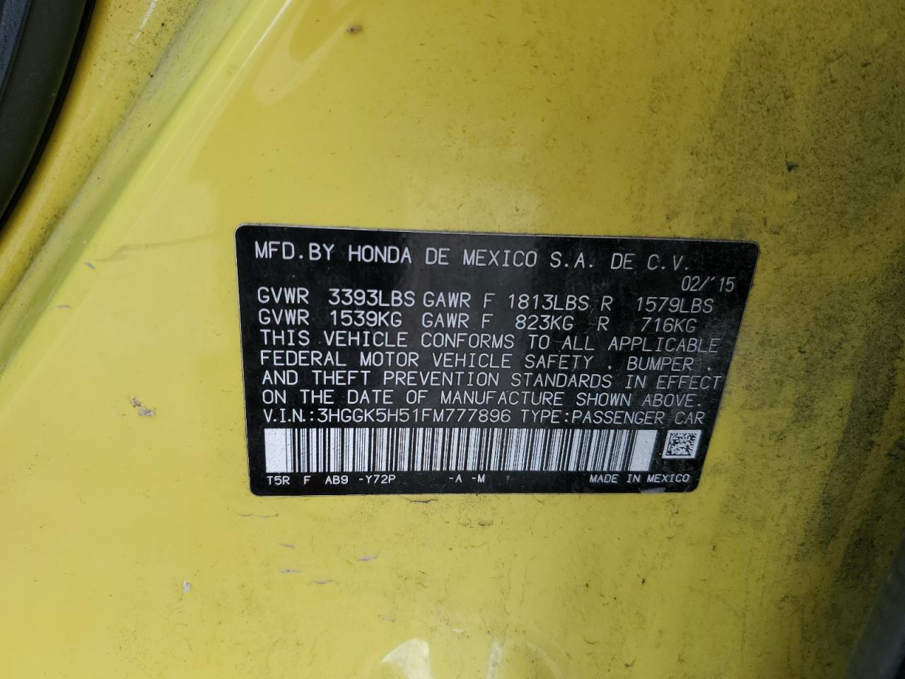 3HGGK5H51FM777896 2015 Honda Fit Lx