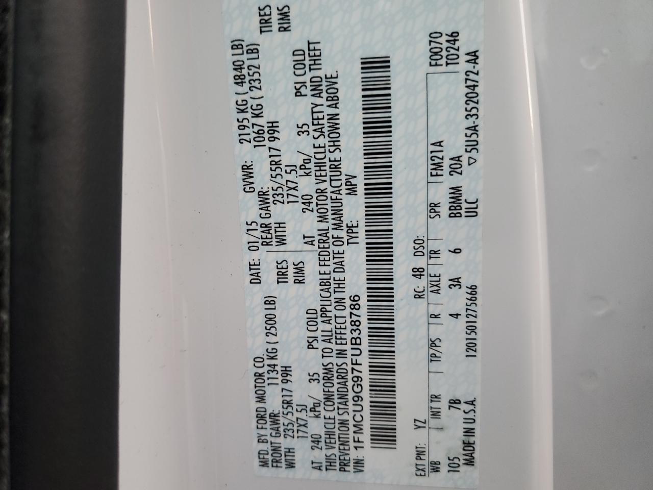 1FMCU9G97FUB38786 2015 Ford Escape Se