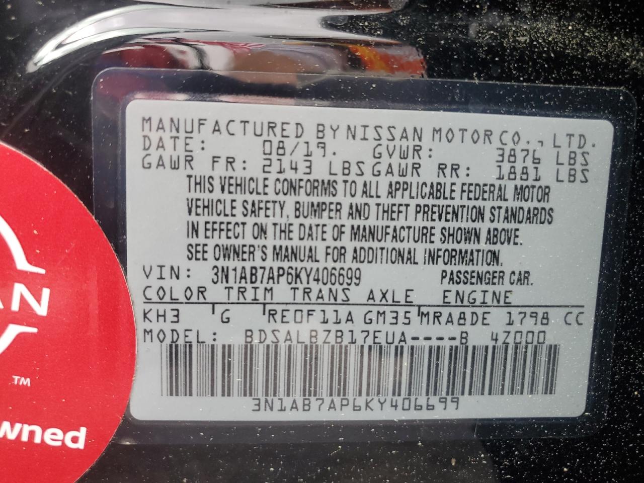 3N1AB7AP6KY406699 2019 Nissan Sentra S