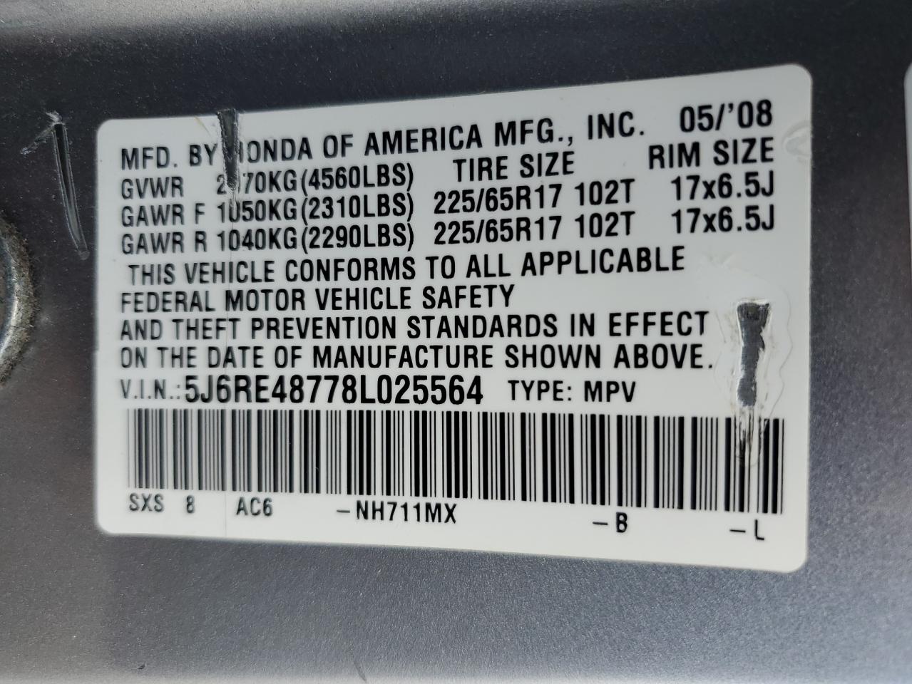 5J6RE48778L025564 2008 Honda Cr-V Exl