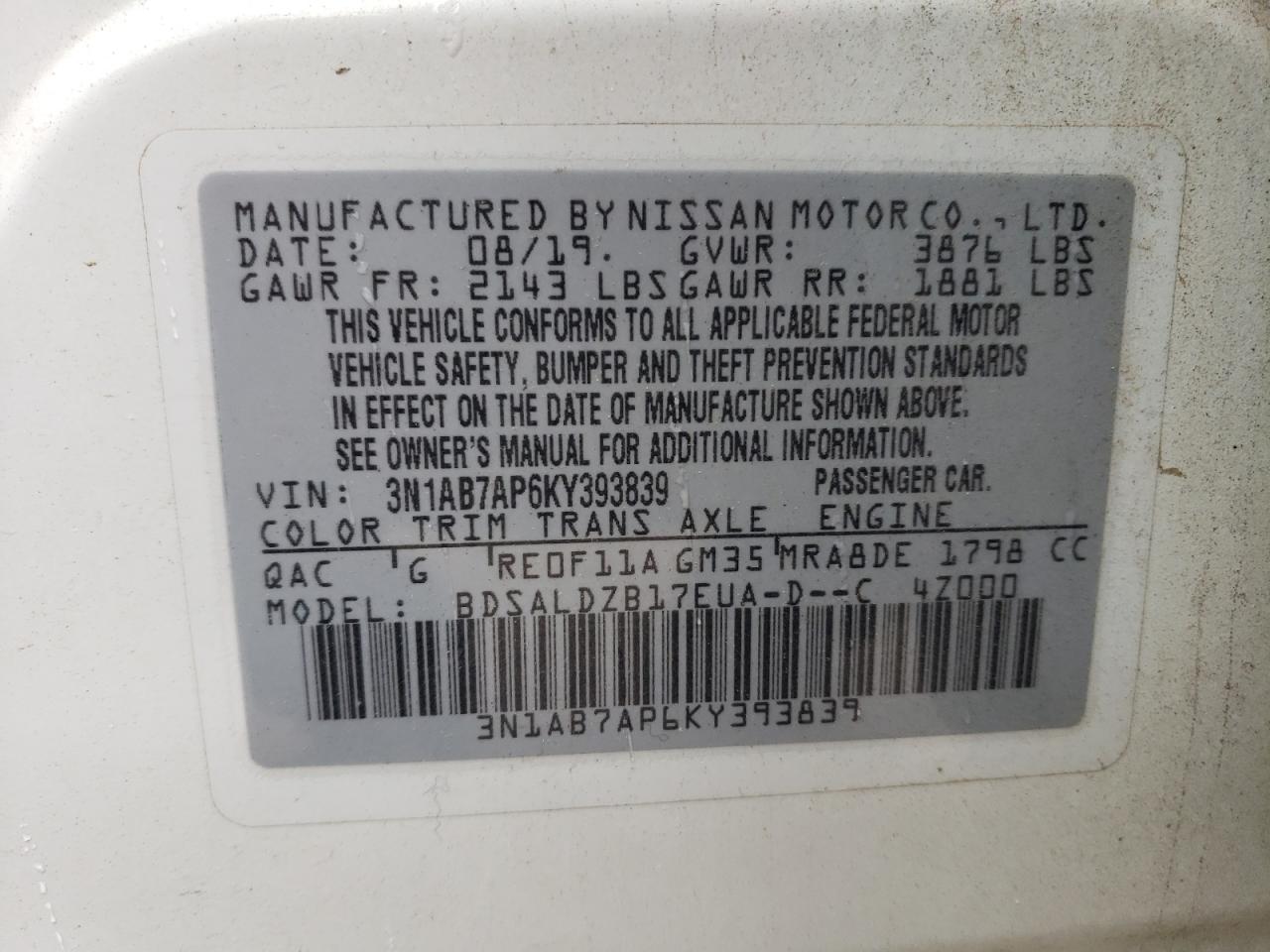 3N1AB7AP6KY393839 2019 Nissan Sentra S