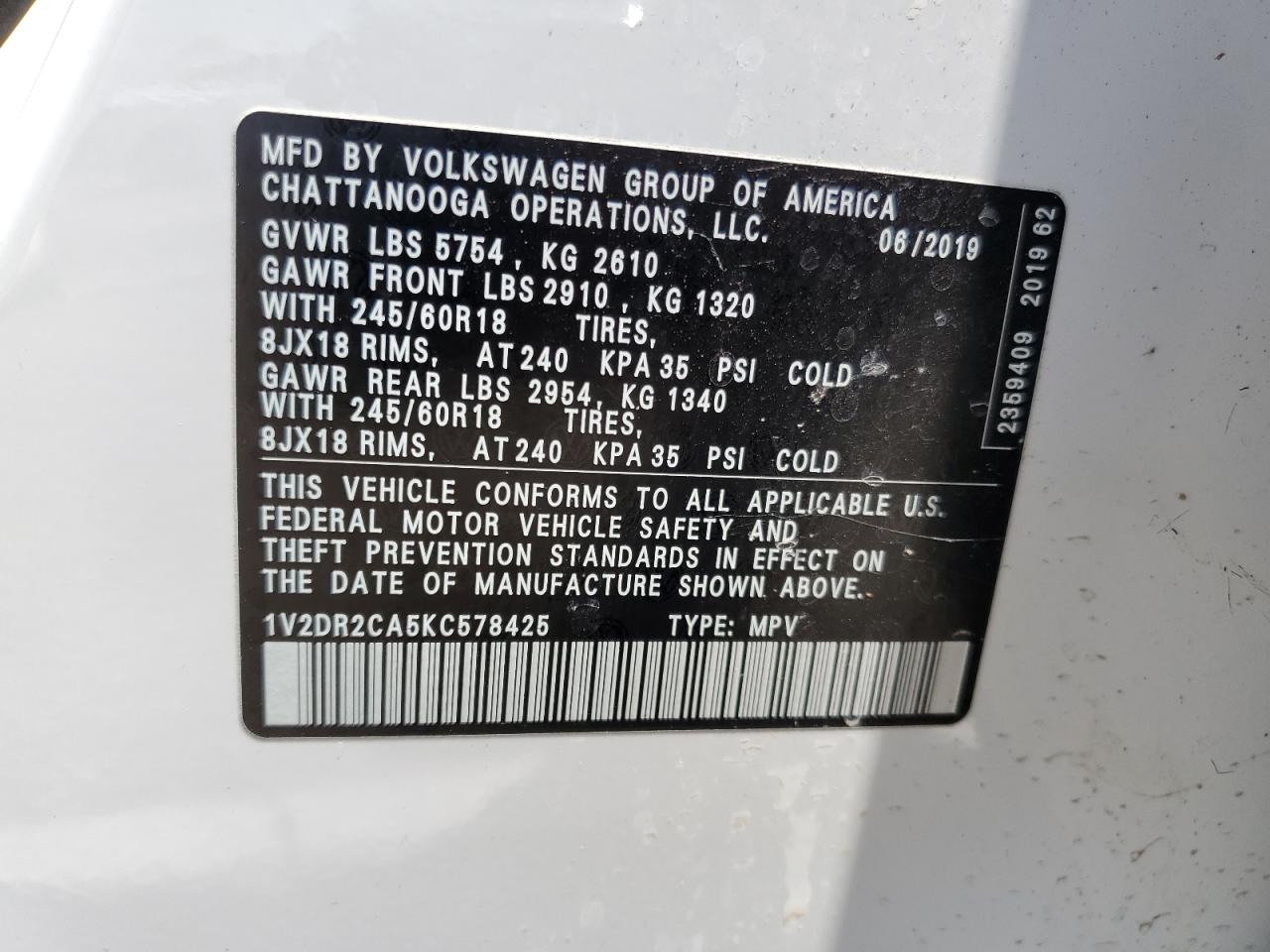 1V2DR2CA5KC578425 2019 Volkswagen Atlas Se