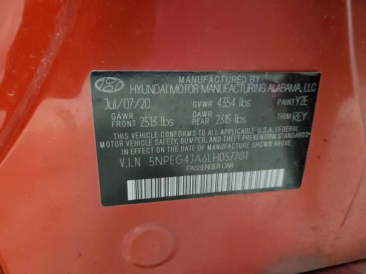 5NPEG4JA6LH057701 2020 Hyundai Sonata Se