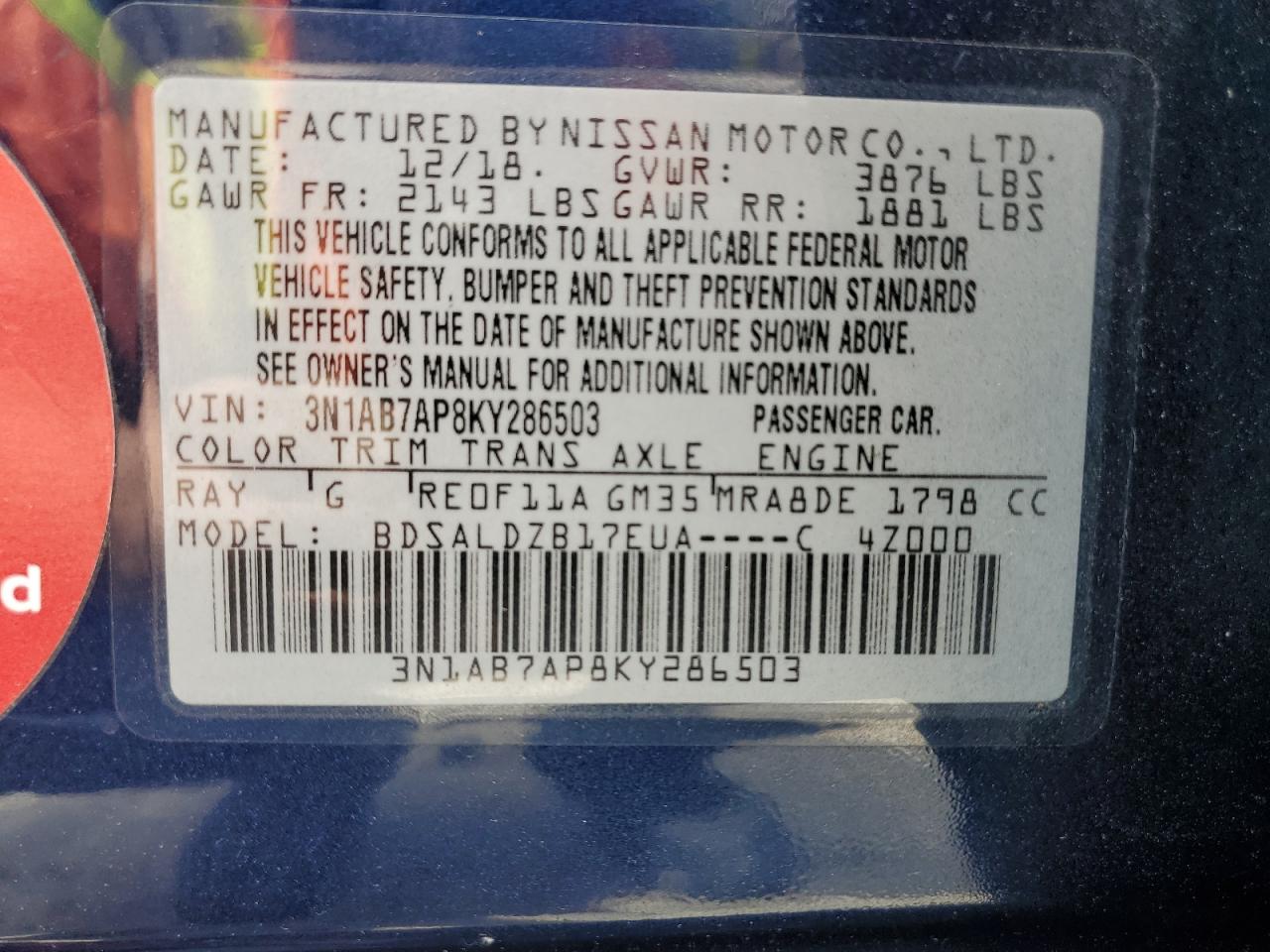 3N1AB7AP8KY286503 2019 Nissan Sentra S