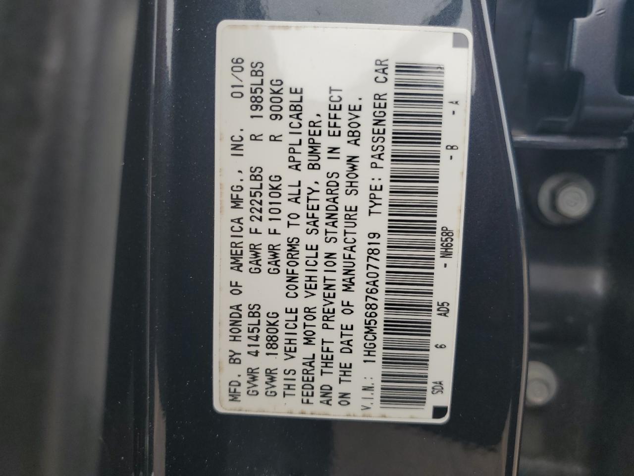 1HGCM56876A077819 2006 Honda Accord Ex