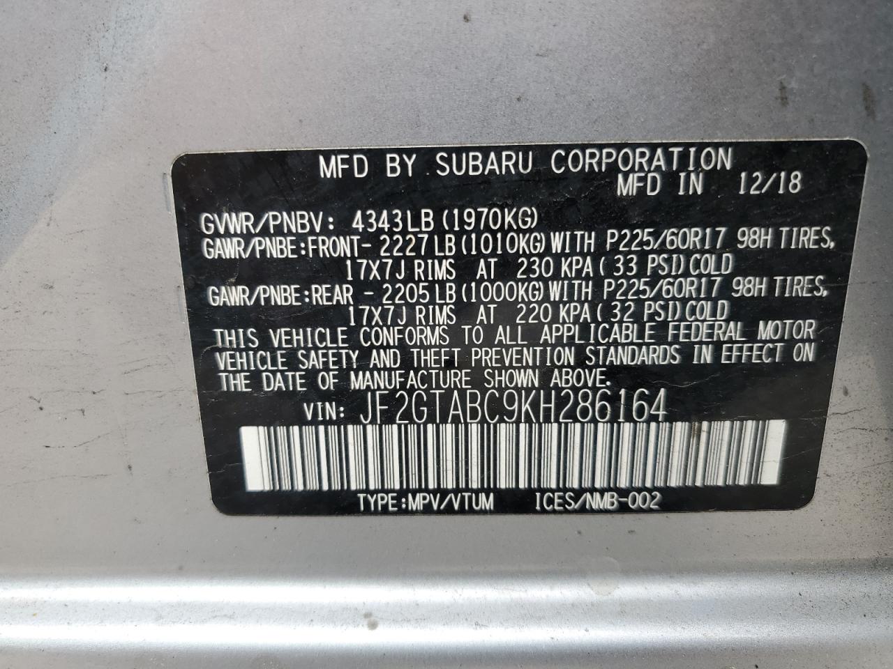 JF2GTABC9KH286164 2019 Subaru Crosstrek