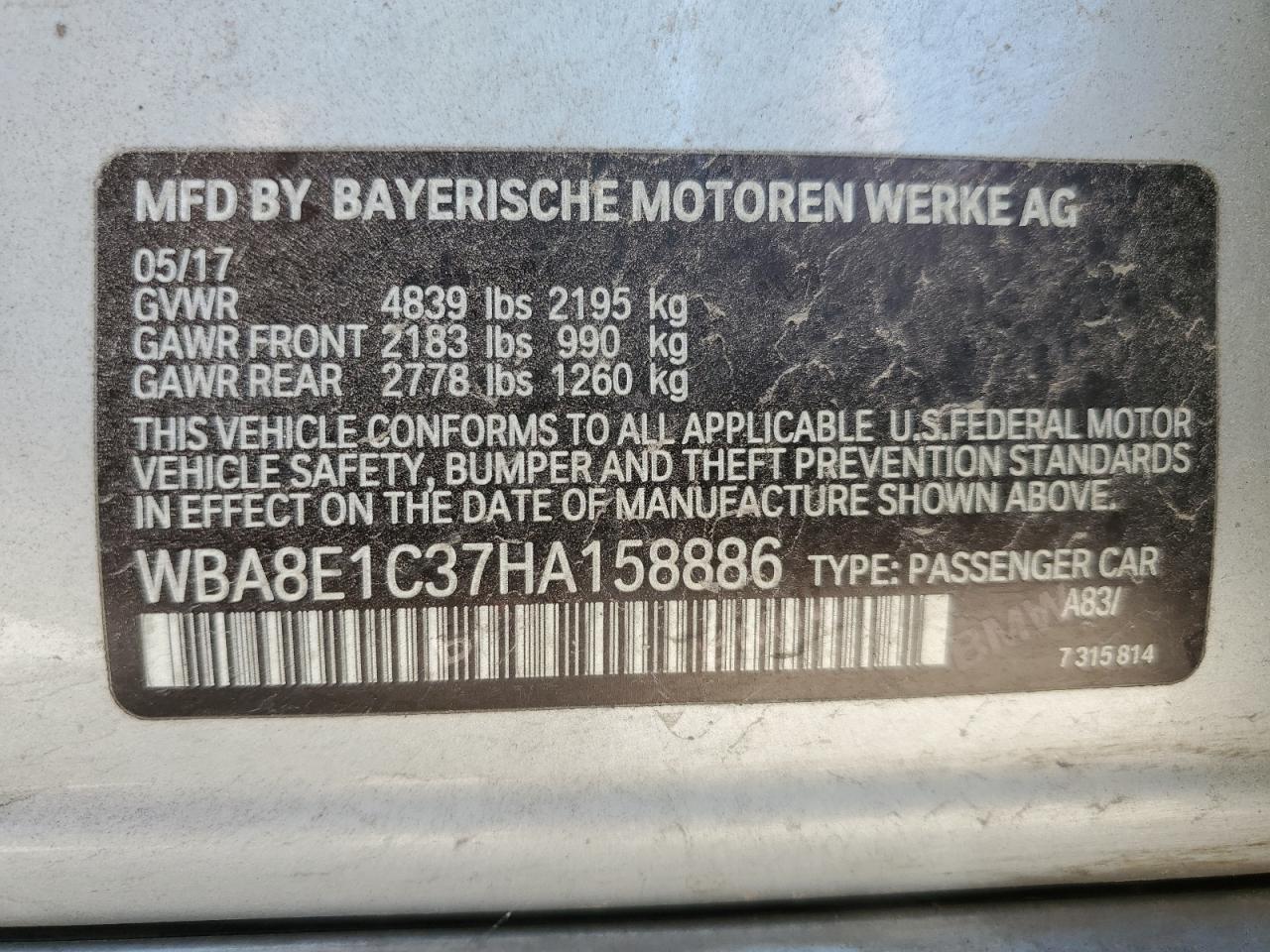 WBA8E1C37HA158886 2017 BMW 330E