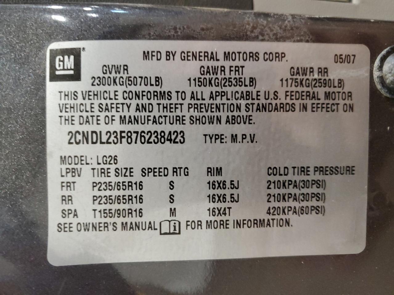 2CNDL23F876238423 2007 Chevrolet Equinox Ls