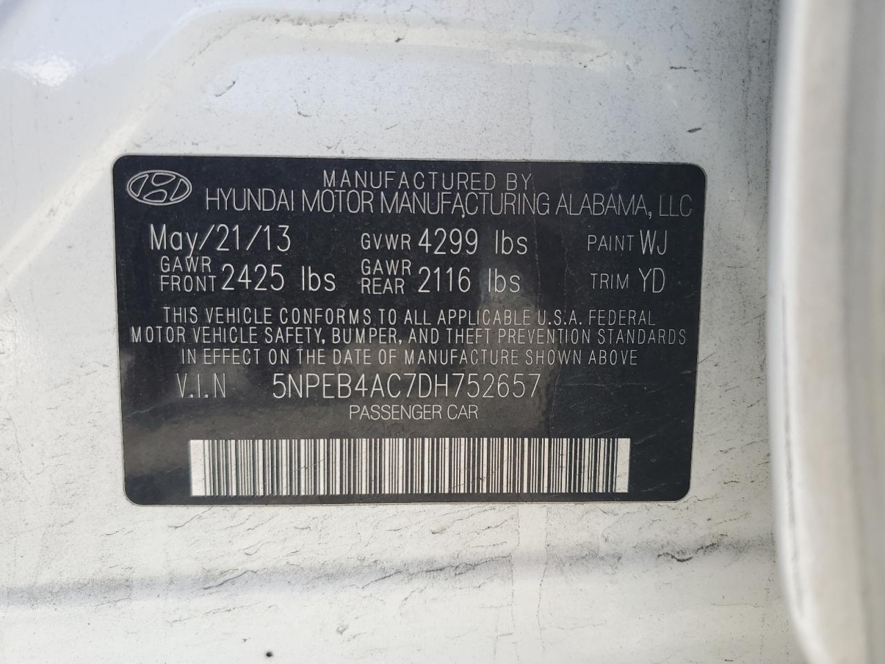 5NPEB4AC7DH752657 2013 Hyundai Sonata Gls