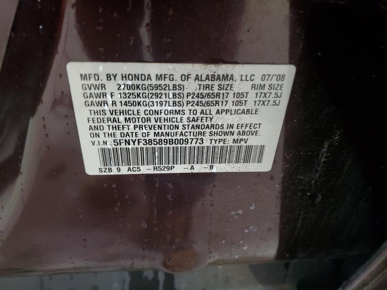 5FNYF38589B009773 2009 Honda Pilot Exl