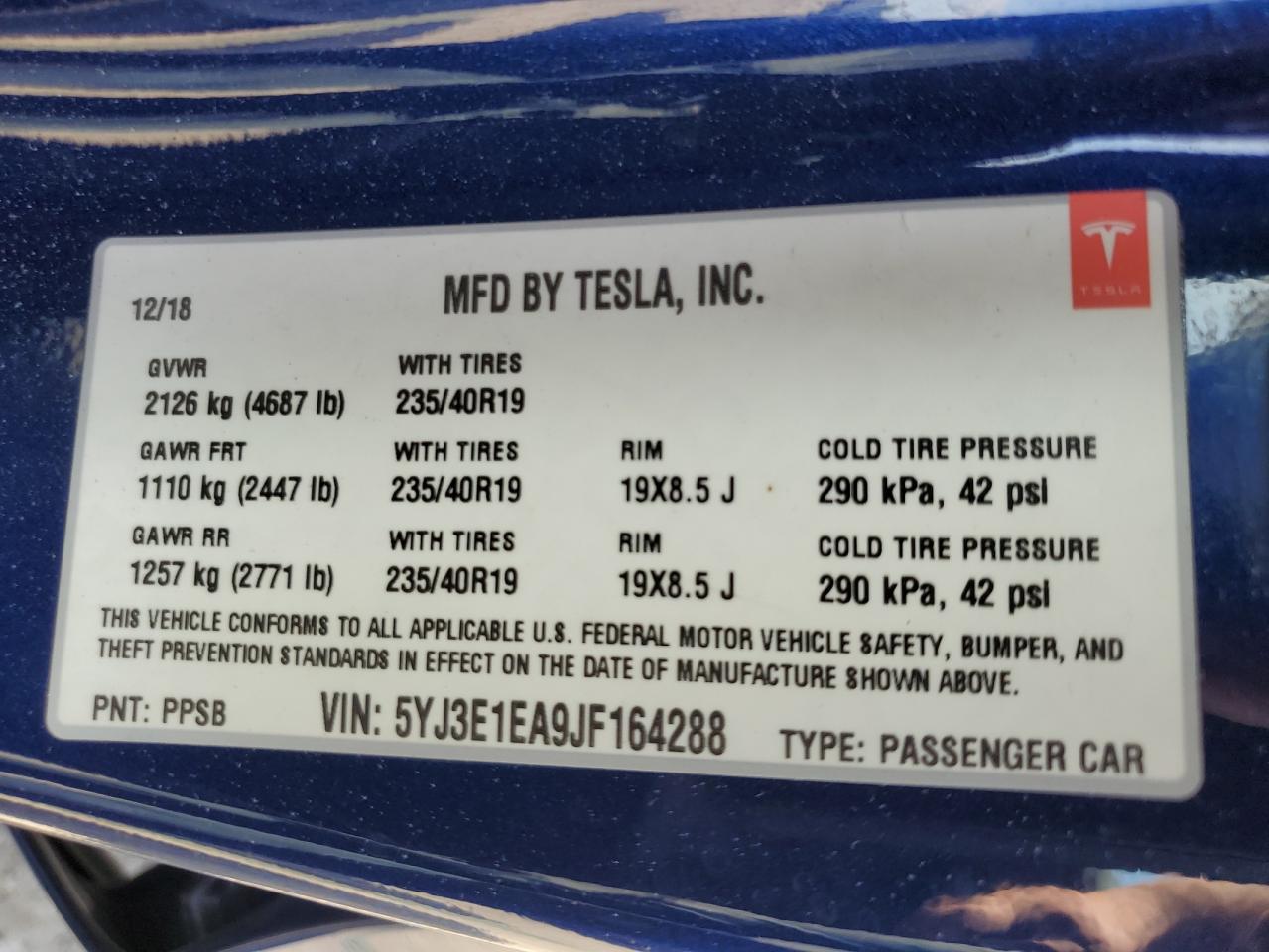 5YJ3E1EA9JF164288 2018 Tesla Model 3