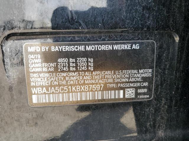 2019 BMW 530 I VIN: WBAJA5C51KBX87597 Lot: 53656864