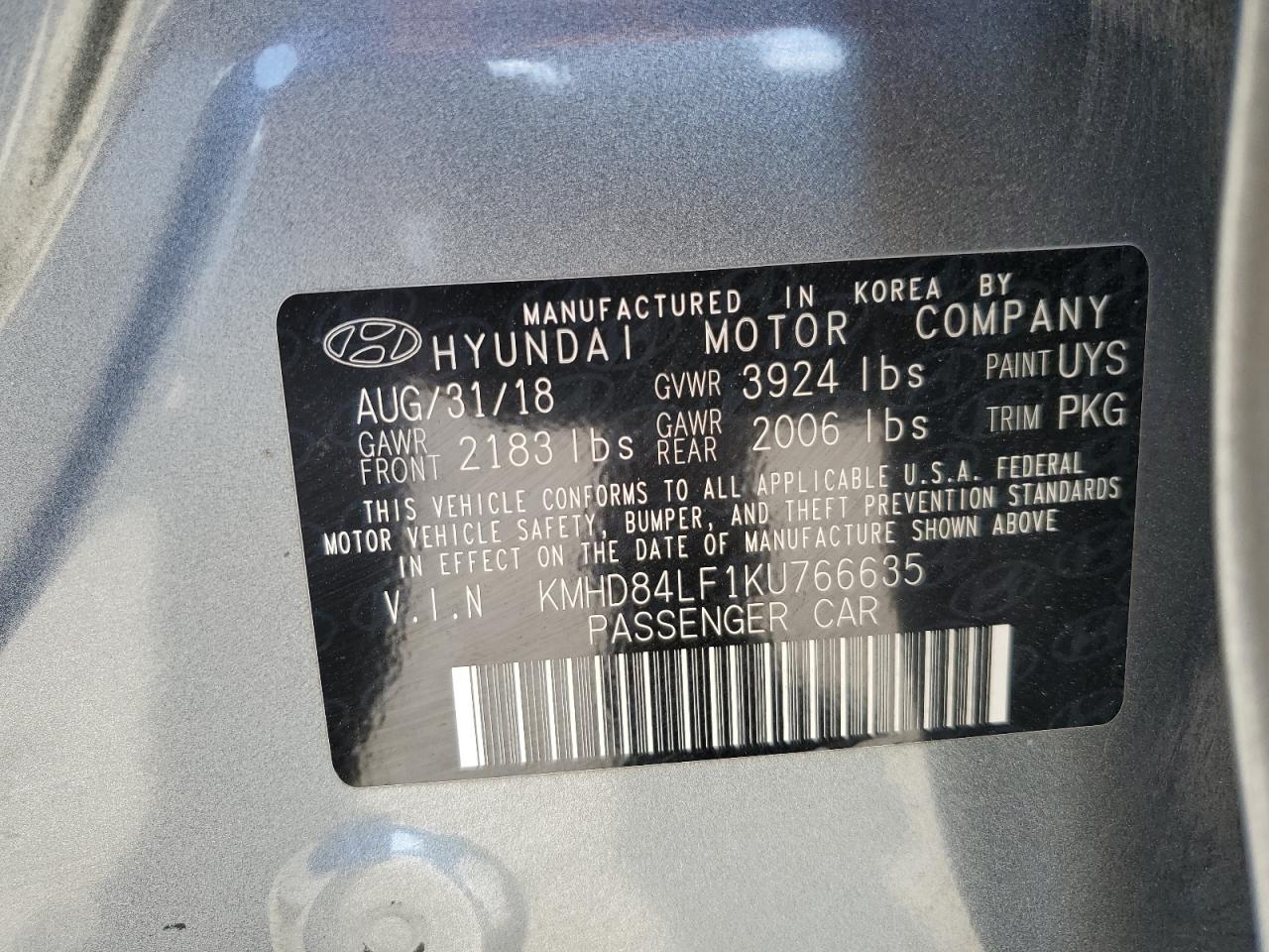 KMHD84LF1KU766635 2019 Hyundai Elantra Sel