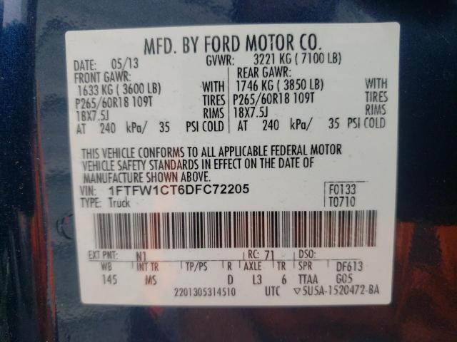 2013 Ford F150 Supercrew VIN: 1FTFW1CT6DFC72205 Lot: 57279764