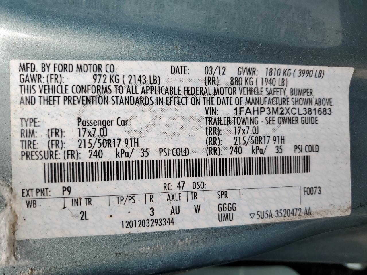 1FAHP3M2XCL381683 2012 Ford Focus Sel