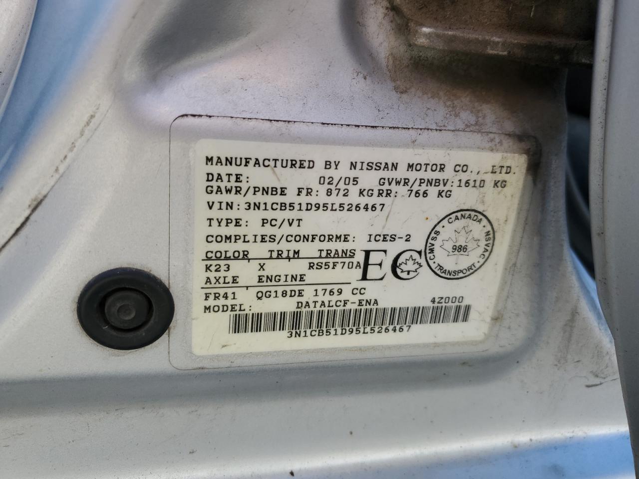 3N1CB51D95L526467 2005 Nissan Sentra 1.8