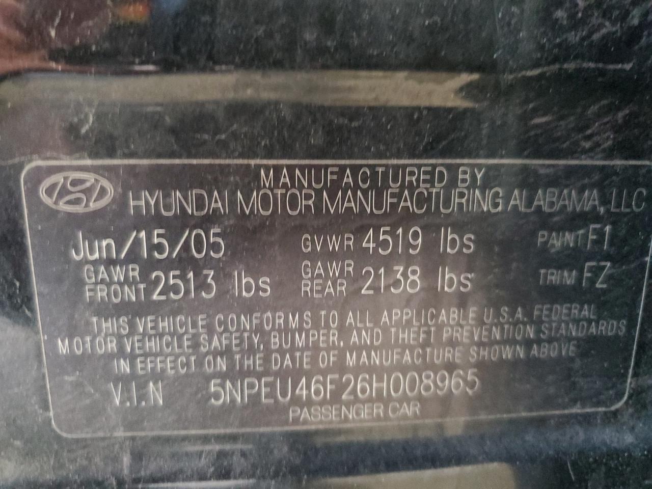 5NPEU46F26H008965 2006 Hyundai Sonata Gls