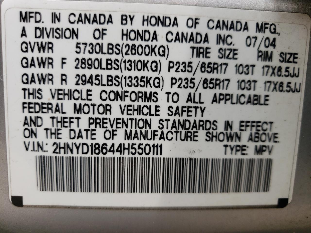 2HNYD18644H550111 2004 Acura Mdx Touring