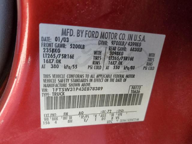 2003 Ford F350 Srw Super Duty VIN: 1FTSW31P43EB78389 Lot: 55908744