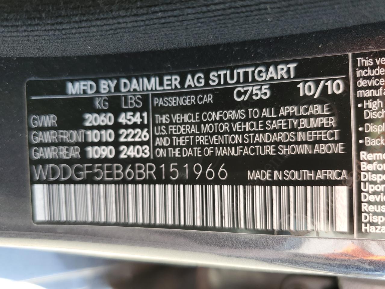 WDDGF5EB6BR151966 2011 Mercedes-Benz C 300