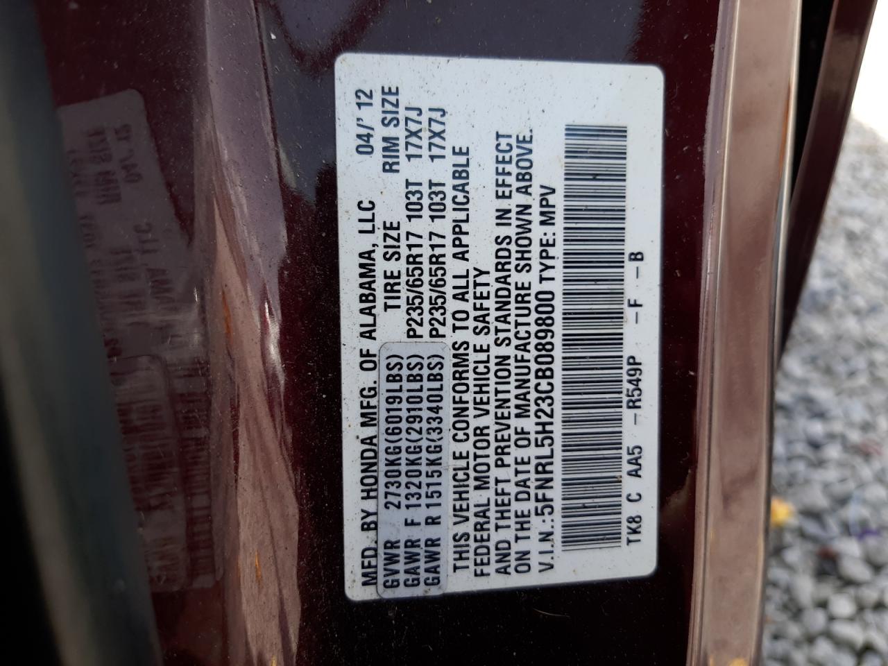 5FNRL5H23CB089800 2012 Honda Odyssey Lx