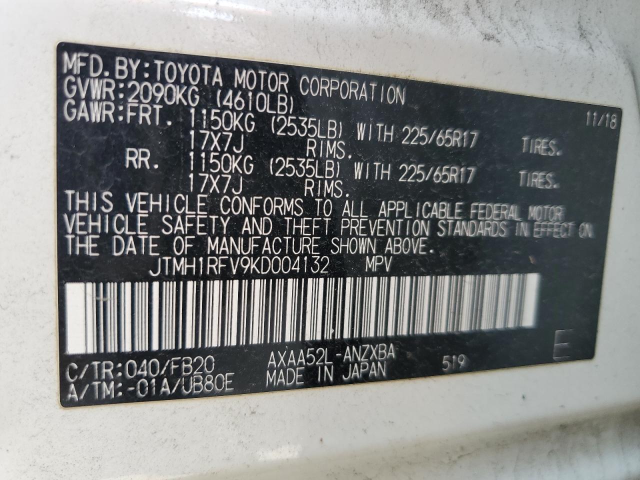 JTMH1RFV9KD004132 2019 Toyota Rav4 Le