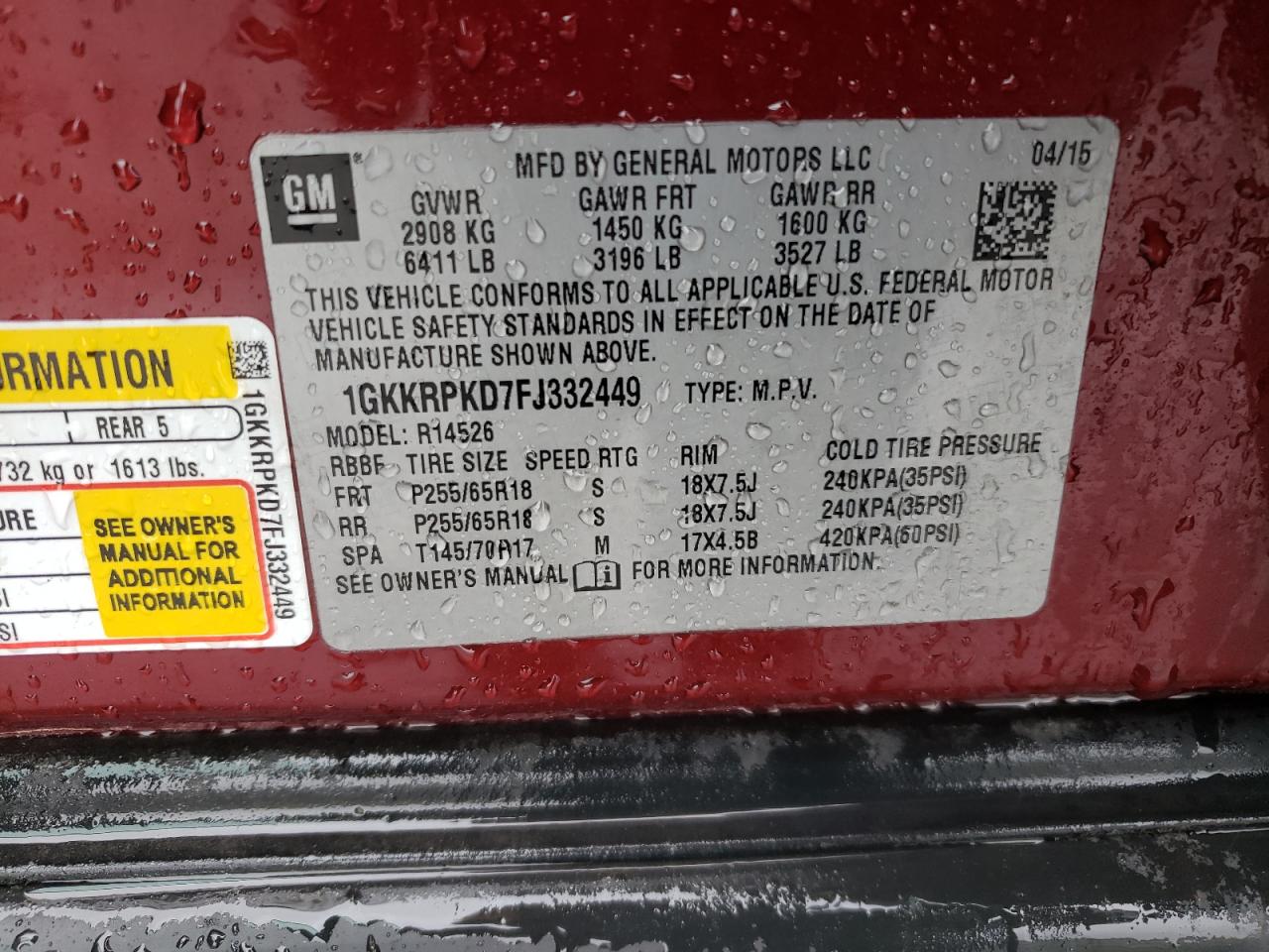 1GKKRPKD7FJ332449 2015 GMC Acadia Sle