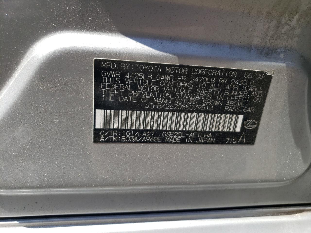 JTHBK262085079514 2008 Lexus Is 250