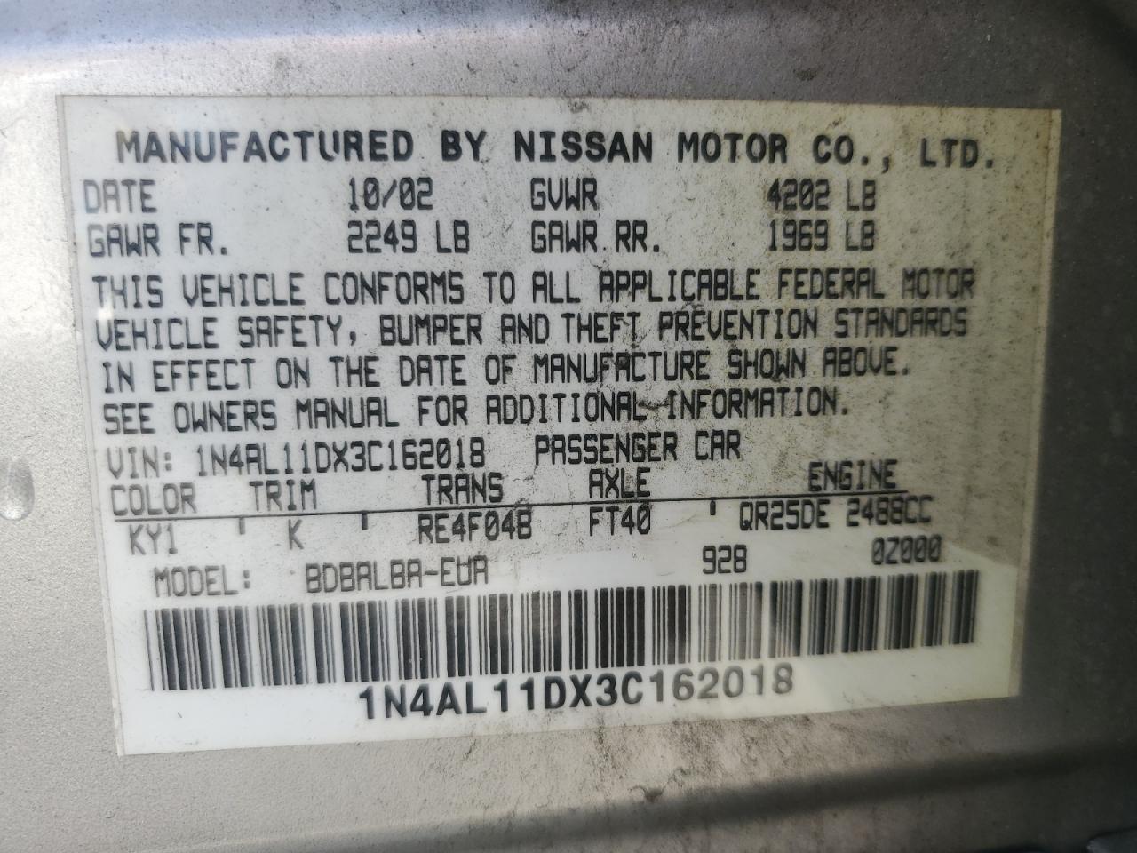 1N4AL11DX3C162018 2003 Nissan Altima Base