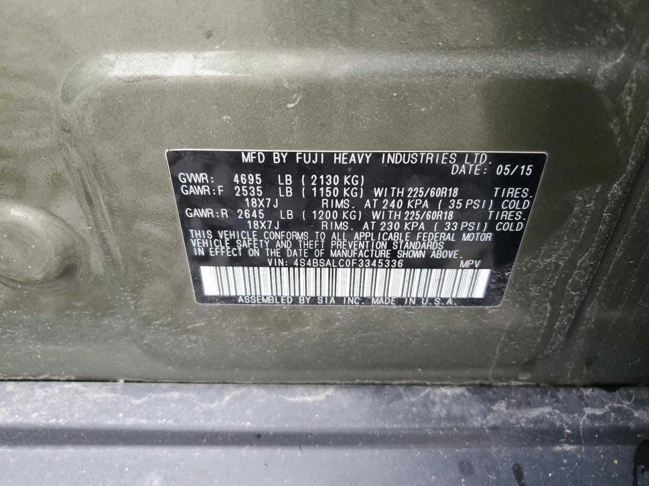 4S4BSALC0F3345336 2015 Subaru Outback 2.5I Limited