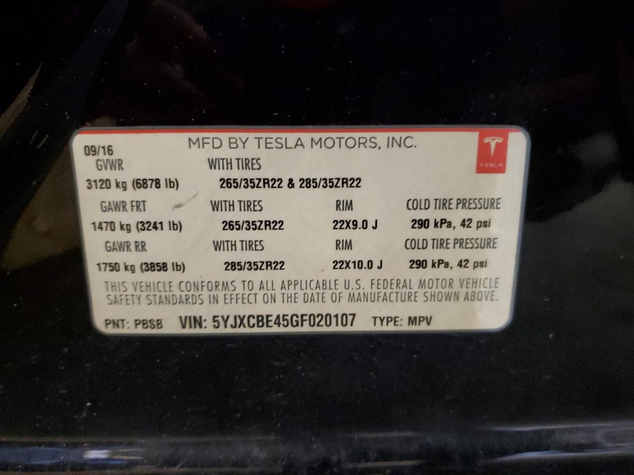 5YJXCBE45GF020107 2016 Tesla Model X