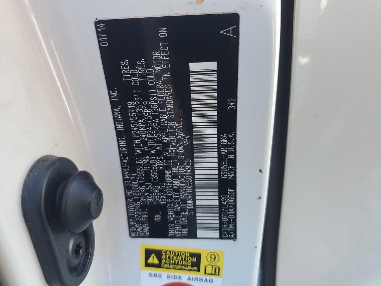 5TDDKRFHXES014909 2014 Toyota Highlander Limited