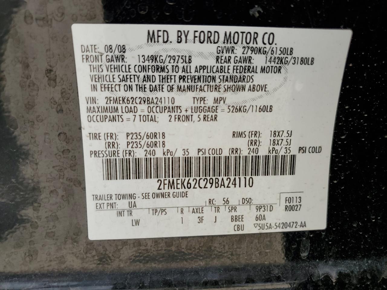 2FMEK62C29BA24110 2009 Ford Flex Sel