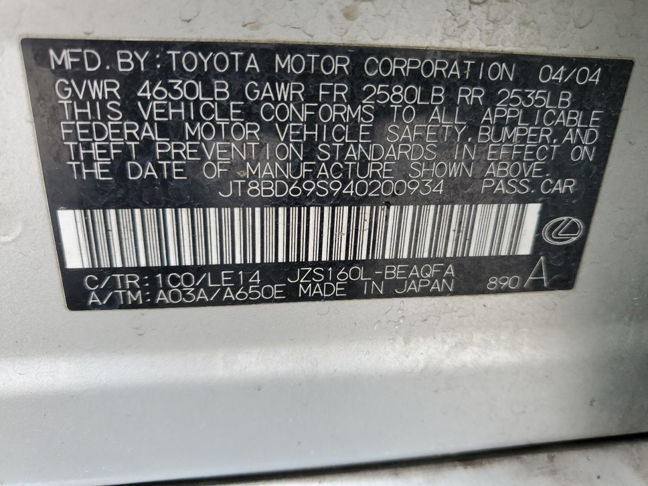 JT8BD69S940200934 2004 Lexus Gs 300