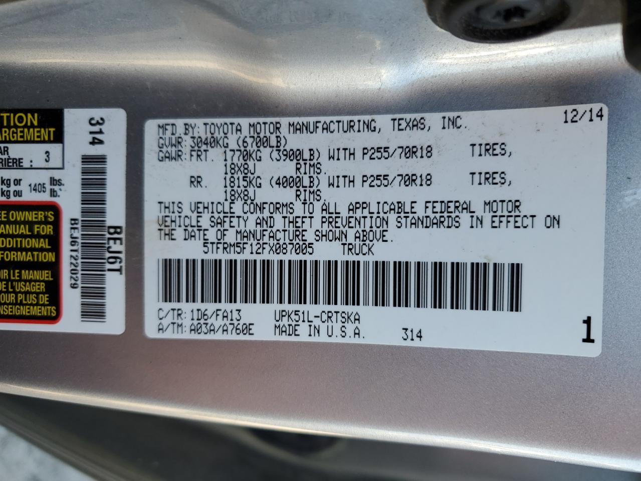 5TFRM5F12FX087005 2015 Toyota Tundra Double Cab Sr/Sr5