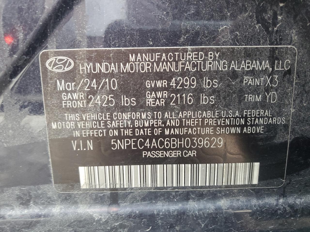 5NPEC4AC6BH039629 2011 Hyundai Sonata Se