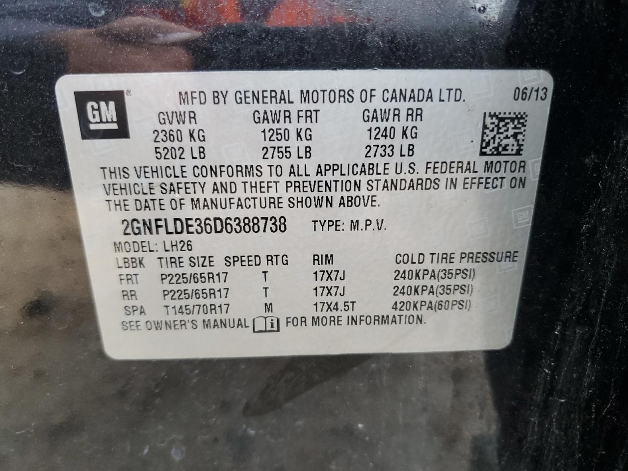 2GNFLDE36D6388738 2013 Chevrolet Equinox Lt