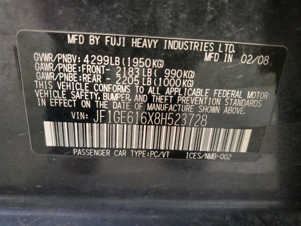 JF1GE616X8H523728 2008 Subaru Impreza 2.5I