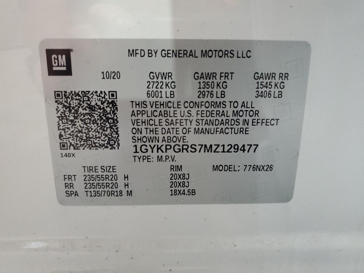 1GYKPGRS7MZ129477 2021 Cadillac Xt6 Sport