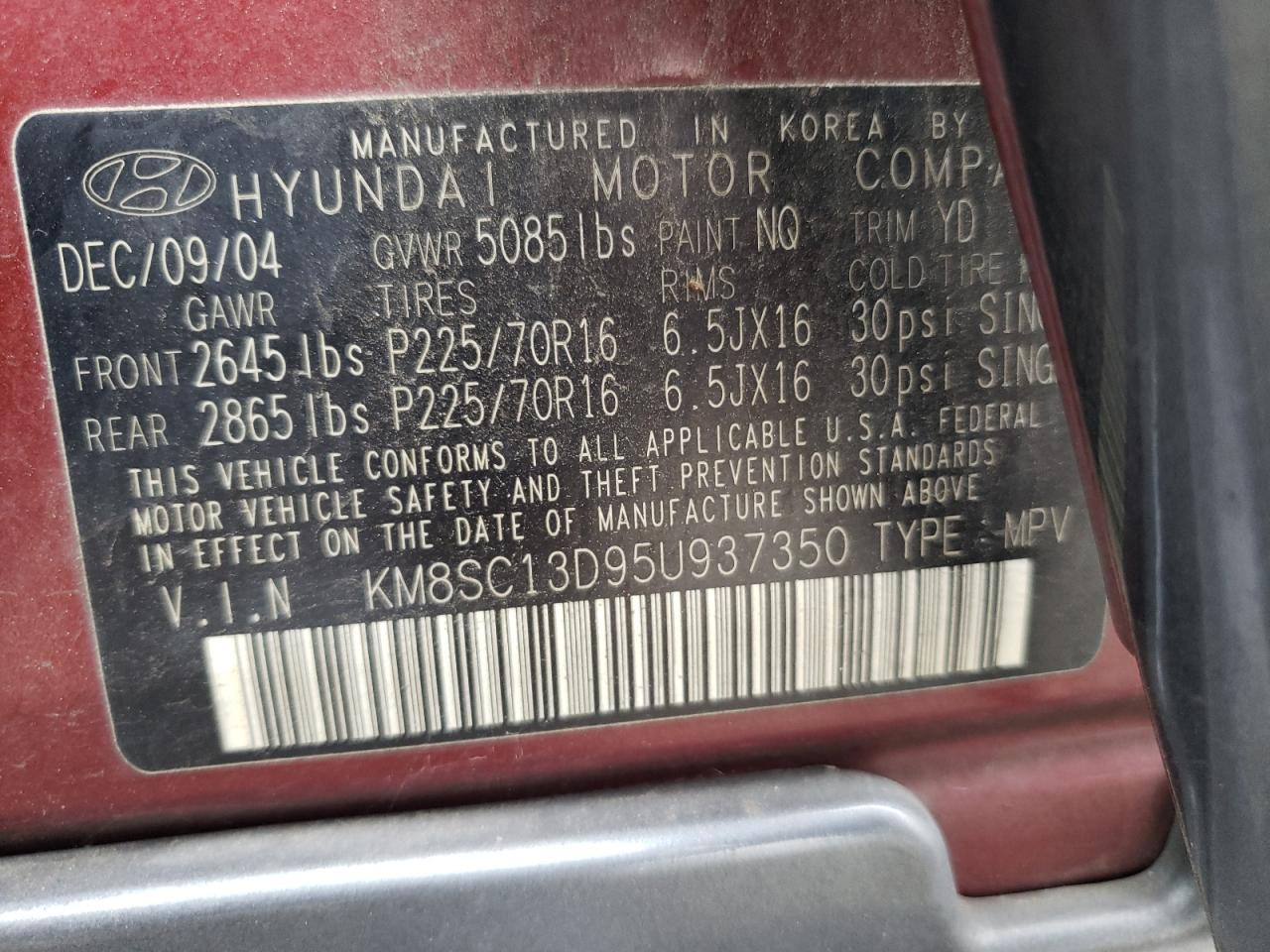 KM8SC13D95U937350 2005 Hyundai Santa Fe Gls