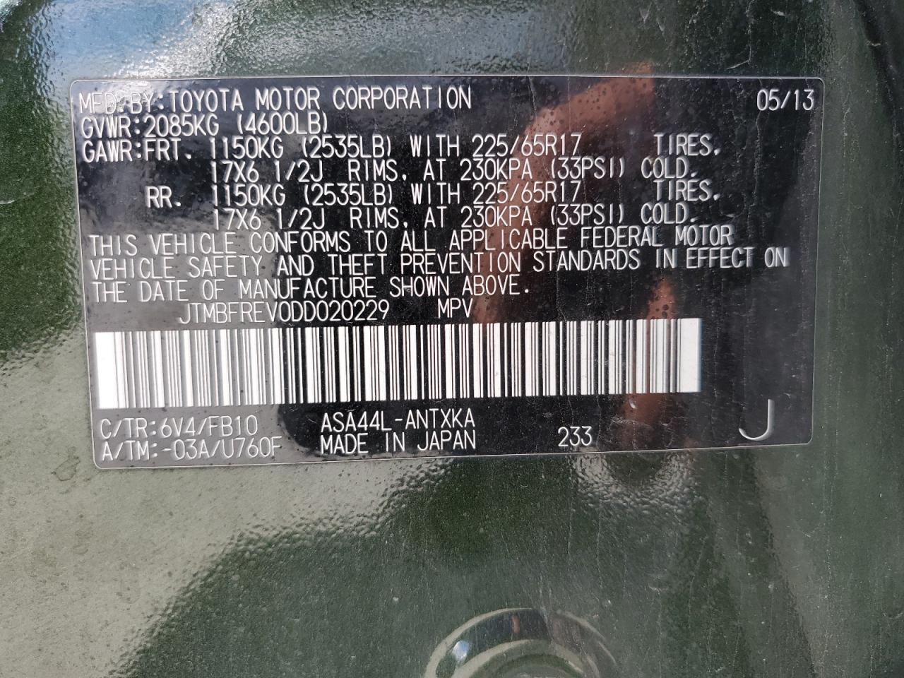 JTMBFREV0DD020229 2013 Toyota Rav4 Le