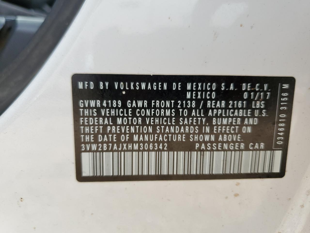 3VW2B7AJXHM306342 2017 Volkswagen Jetta S