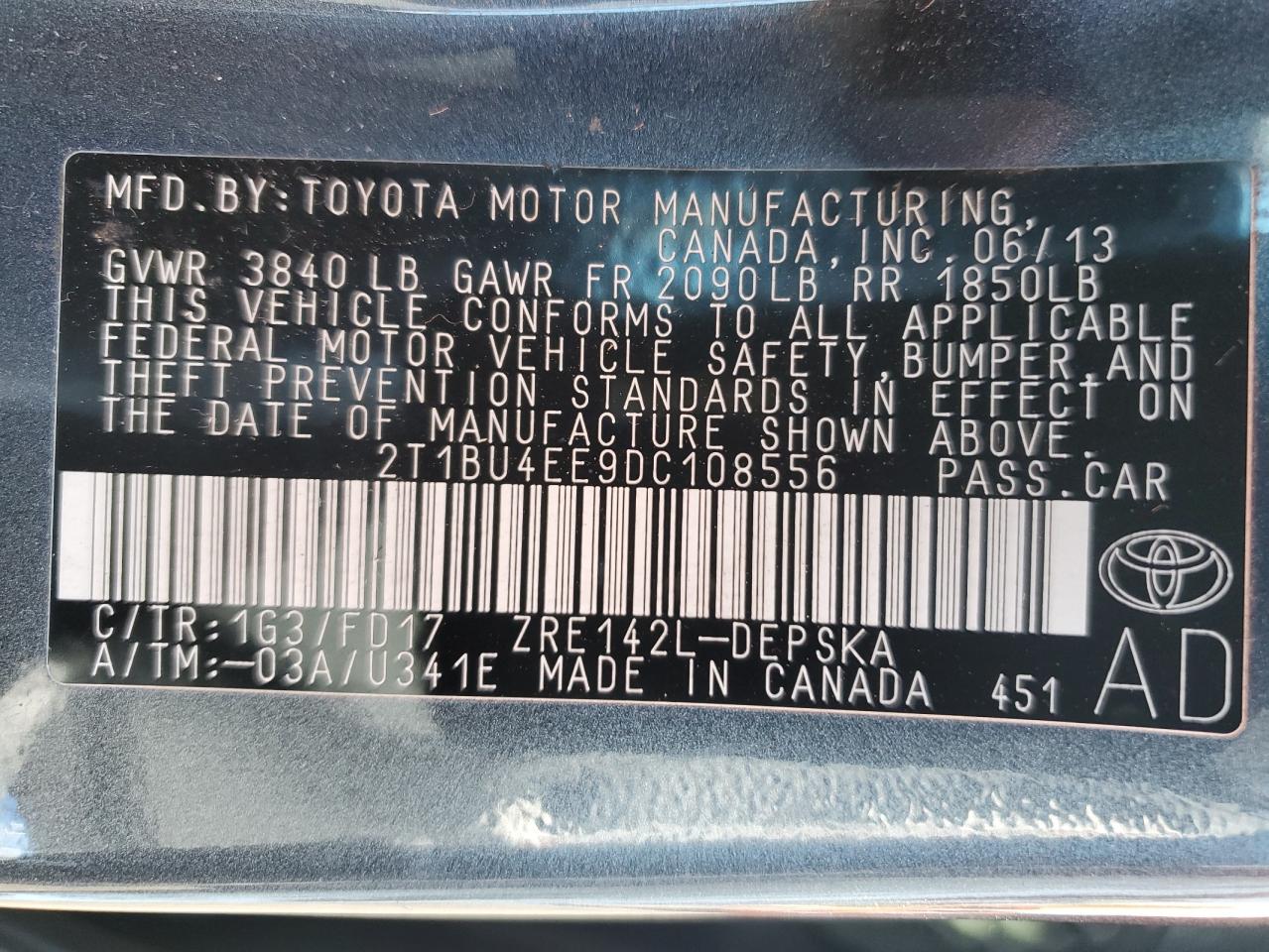 2T1BU4EE9DC108556 2013 Toyota Corolla Base