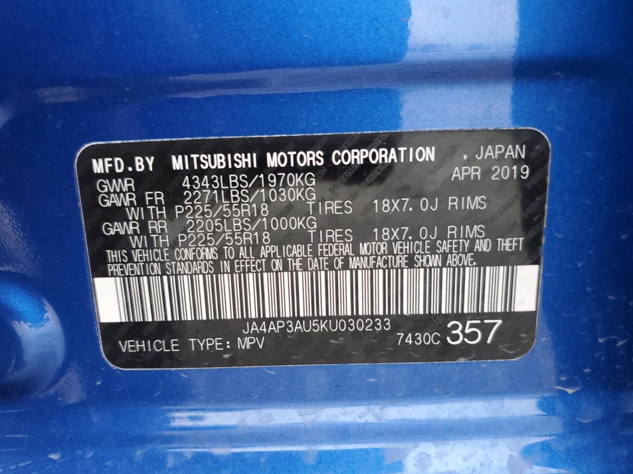 JA4AP3AU5KU030233 2019 Mitsubishi Outlander Sport Es