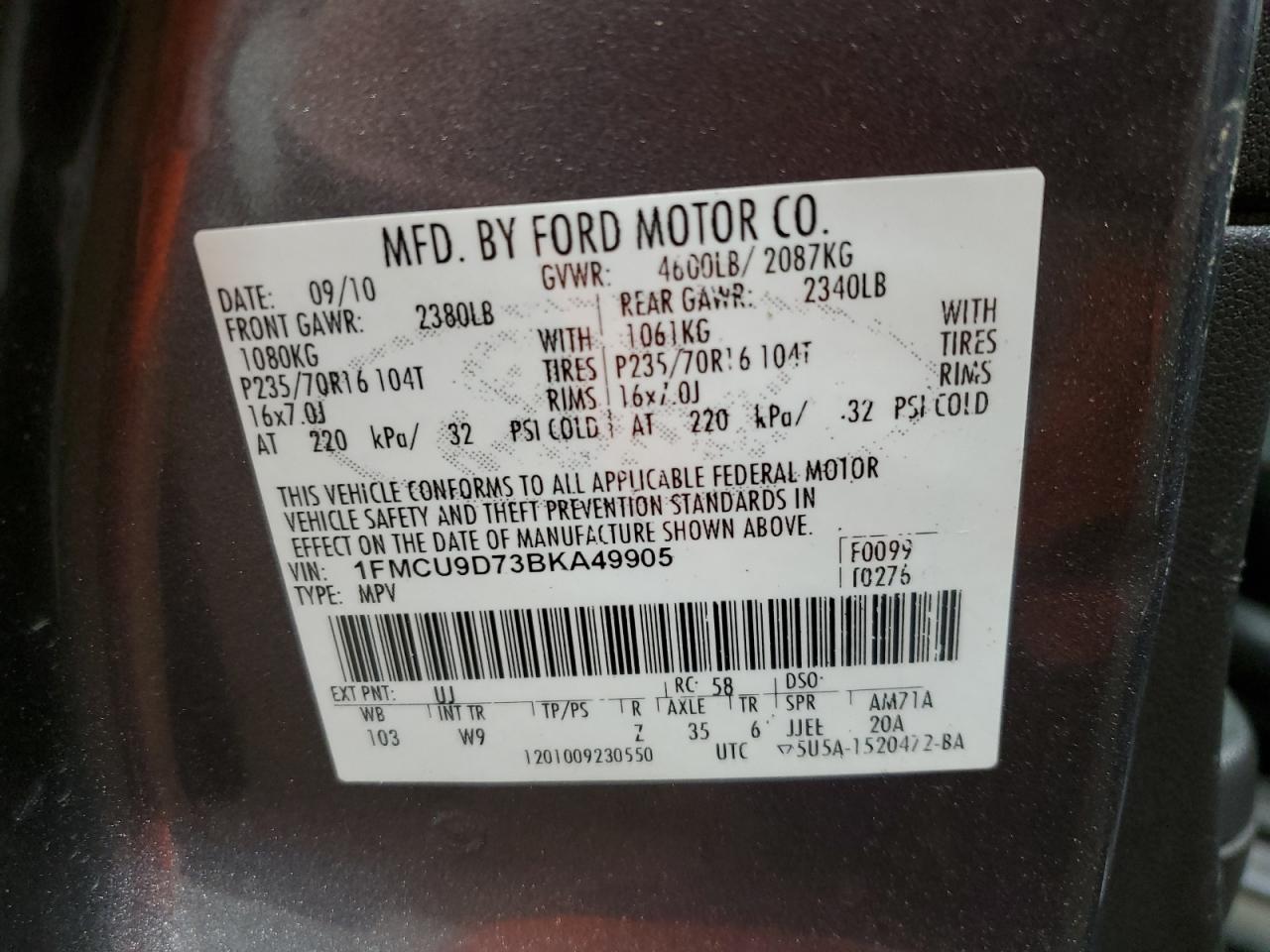 1FMCU9D73BKA49905 2011 Ford Escape Xlt