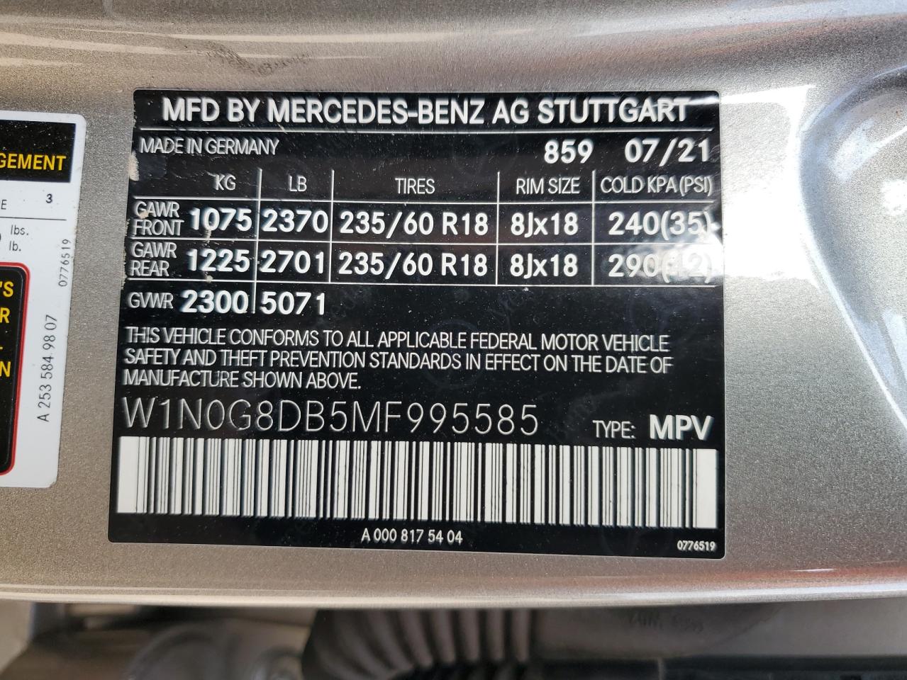 VIN: W1N0G8DB5MF995585 2021 MERCEDES-BENZ GLC-CLASS