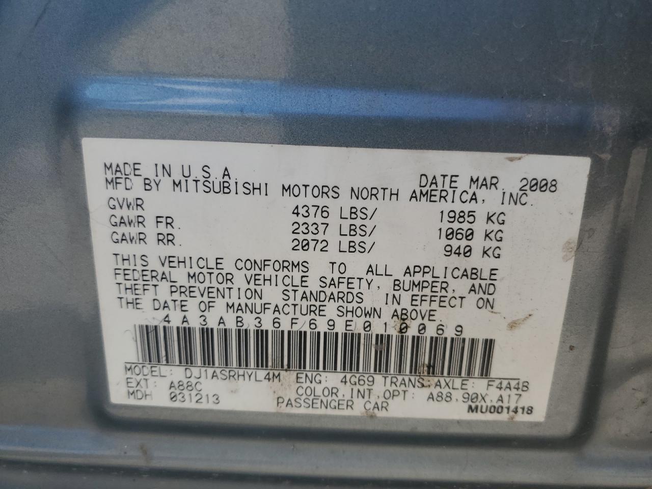 4A3AB36F69E010069 2009 Mitsubishi Galant Es