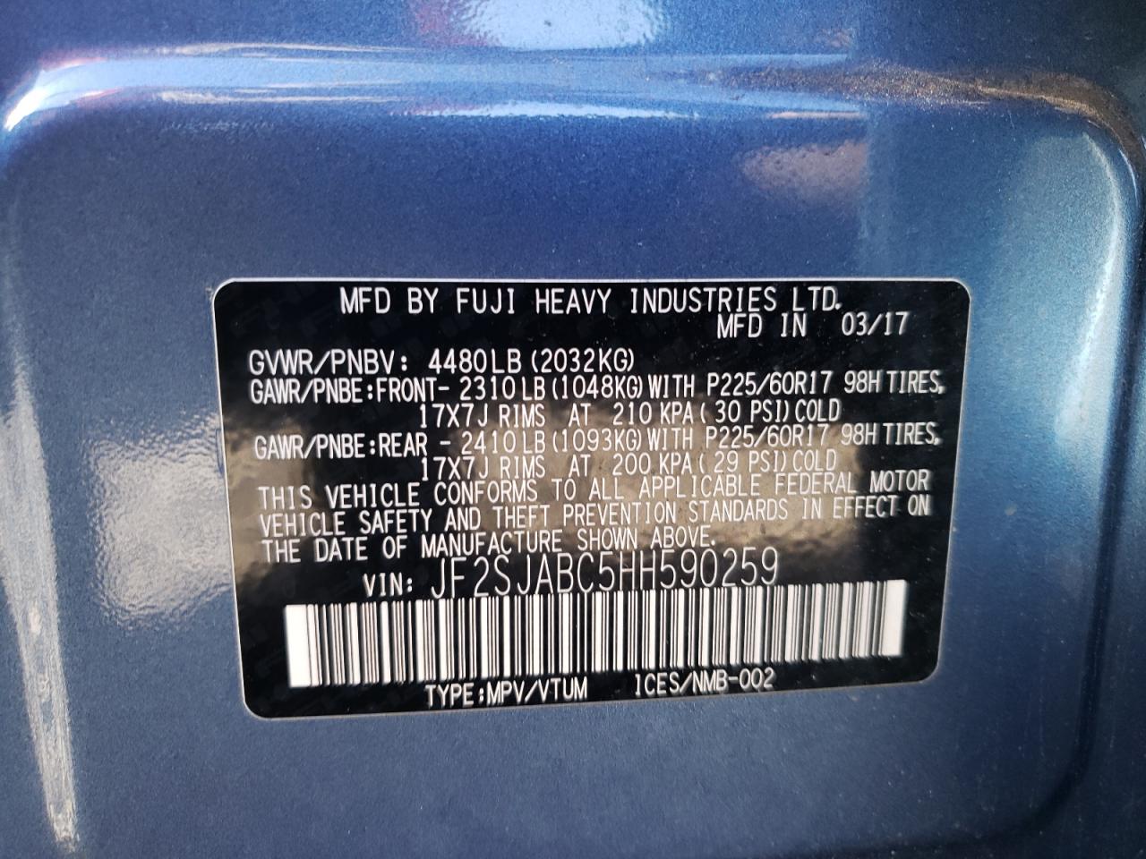 JF2SJABC5HH590259 2017 Subaru Forester 2.5I