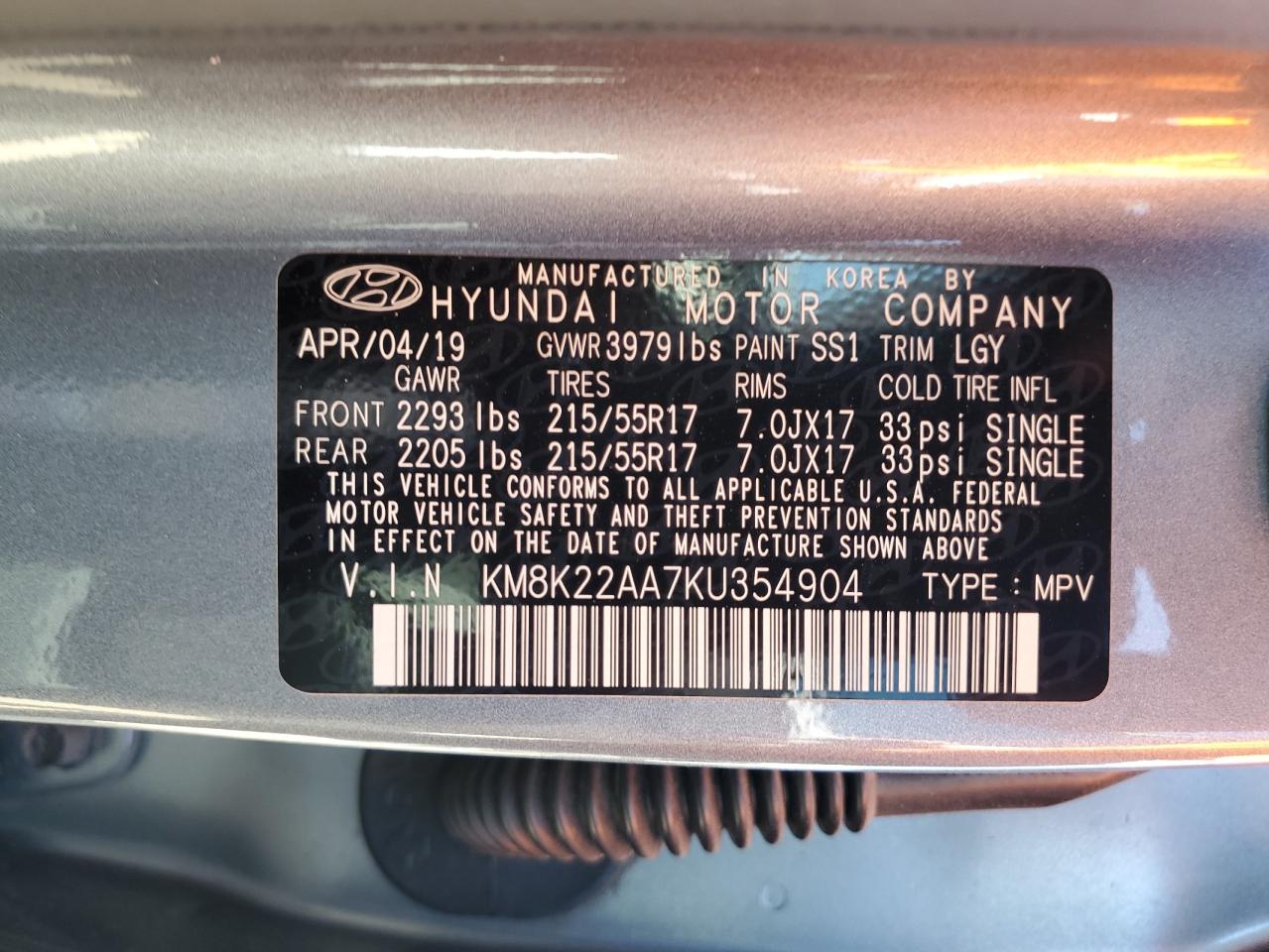 KM8K22AA7KU354904 2019 Hyundai Kona Sel